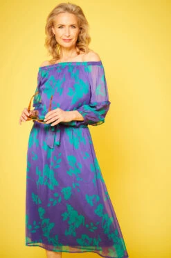 Bardot Dress With Ruffle Trim Sleeves