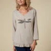 3/4 Sleeve Sequin Dragonfly V Neck Top