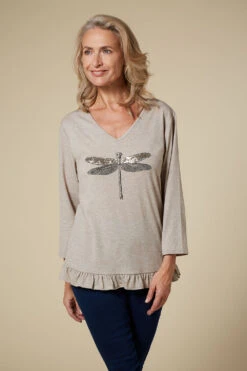 3/4 Sleeve Sequin Dragonfly V Neck Top