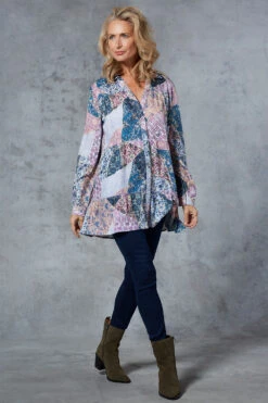 Tiered Button Through Patchwork Longline Shirt
