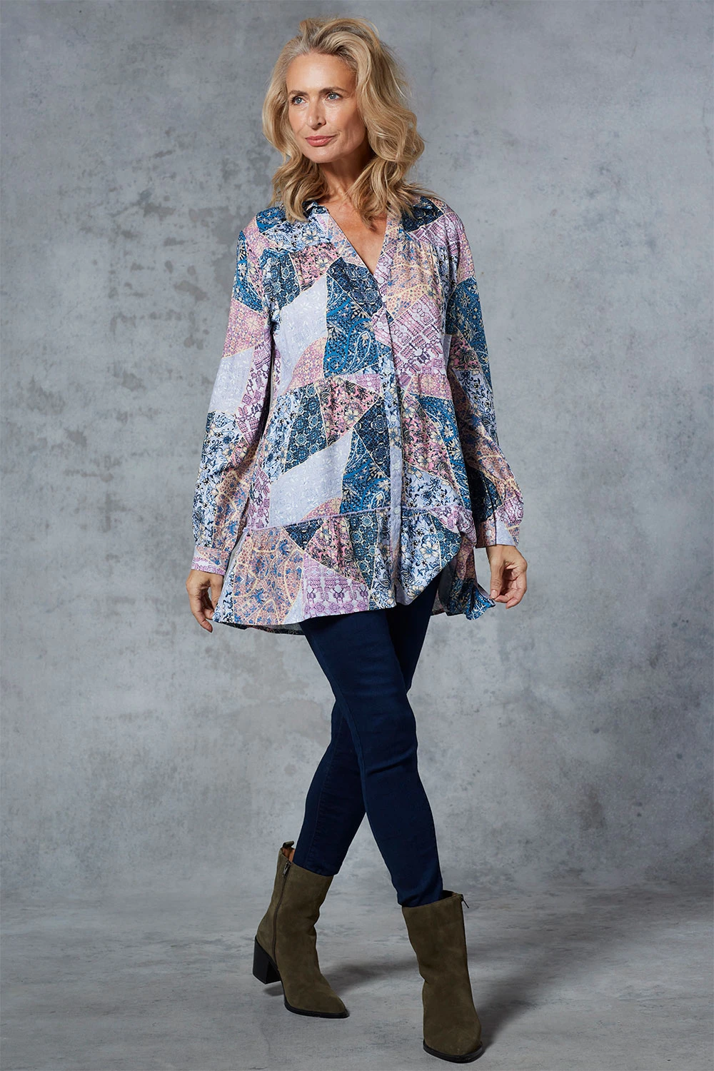 Tiered Button Through Patchwork Longline Shirt 3 Tiered Button Through Patchwork Longline Shirt