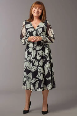 Large Floral Print Mesh Wrap Belt Dress
