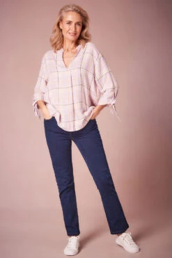 3/4 Sleeve V Neck Inverted Pleat Check Shirt -Mod Vanta Sales Store 22 11 15 BonMarche SS23 SHOT003 0017