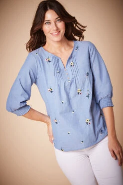 3/4 Sleeve Pintuck Embroidered Denim Shirt -Mod Vanta Sales Store 22 11 15 BonMarche SS23 SHOT018 0169