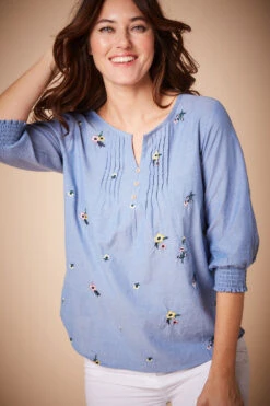 3/4 Sleeve Pintuck Embroidered Denim Shirt -Mod Vanta Sales Store 22 11 15 BonMarche SS23 SHOT018 0191