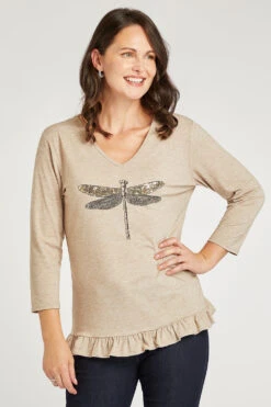 3/4 Sleeve Sequin Dragonfly V Neck Top -Mod Vanta Sales Store 900264952 alt3