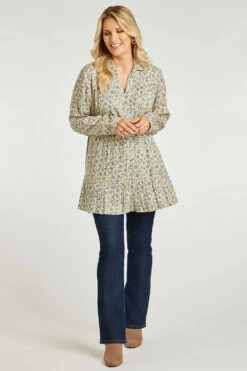 Long Sleeve Tiered Button Through Ditsy Longline Shirt -Mod Vanta Sales Store 900267344 alt1