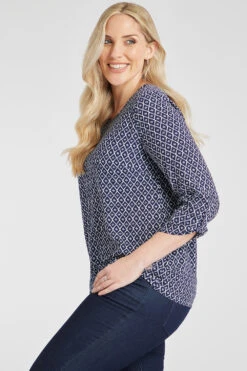 3/4 Sleeve Geo Tile Print Overhead Blouse -Mod Vanta Sales Store 900285953 alt31