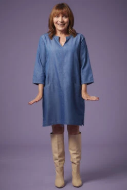 3/4 Sleeve Collarless Dress With Pocket Detail -Mod Vanta Sales Store 9002872