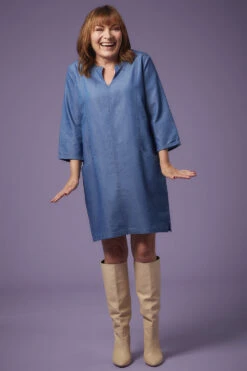 3/4 Sleeve Collarless Dress With Pocket Detail