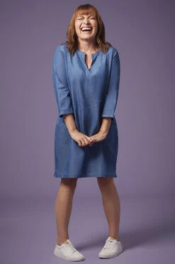 3/4 Sleeve Collarless Dress With Pocket Detail -Mod Vanta Sales Store 9002872204