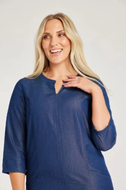 3/4 Sleeve Collarless Dress With Pocket Detail -Mod Vanta Sales Store 900287226 alt6