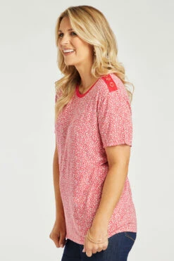 Short Sleeve Button Trim Ditsy Design Top -Mod Vanta Sales Store 900288769 alt4