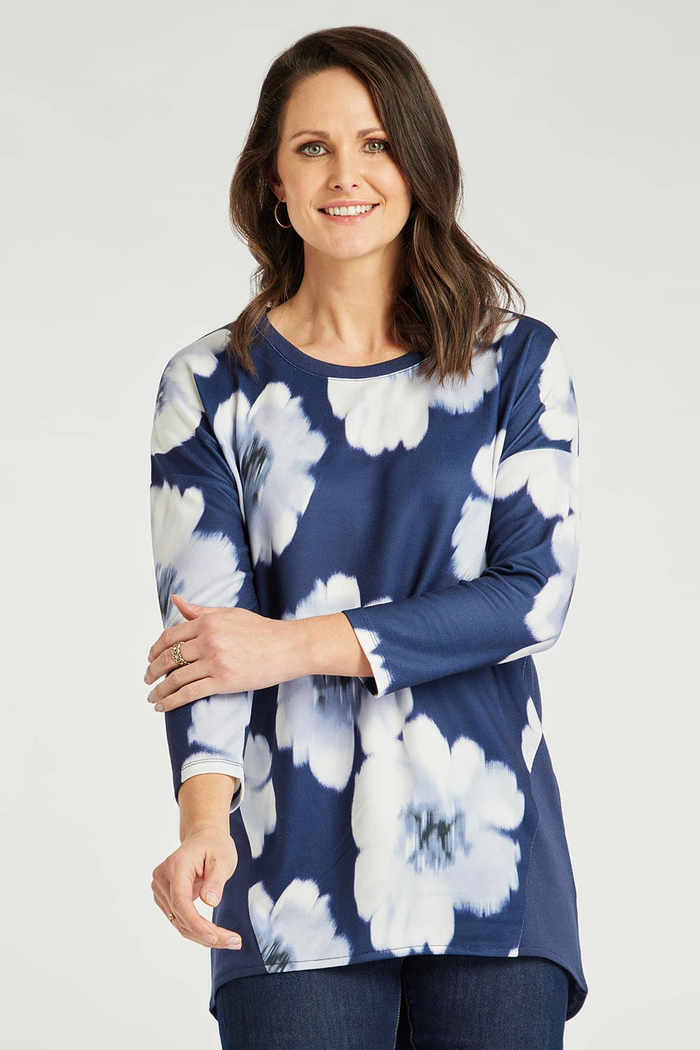 3/4 Sleeve Large Floral Print Soft Touch Tunic 3 3/4 Sleeve Large Floral Print Soft Touch Tunic