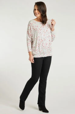 Long Sleeve Shirred Hem Spotty Floral Batwing Top -Mod Vanta Sales Store 900289633 alt1