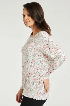 Long Sleeve Shirred Hem Spotty Floral Batwing Top -Mod Vanta Sales Store 900289633 alt4