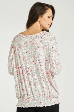 Long Sleeve Shirred Hem Spotty Floral Batwing Top -Mod Vanta Sales Store 900289633 alt5