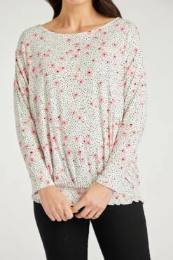 Long Sleeve Shirred Hem Spotty Floral Batwing Top -Mod Vanta Sales Store 900289633 alt6