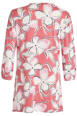 3/4 Sleeve Shirred Shoulder Pink Floral Button Detail Tunic -Mod Vanta Sales Store 900289763 alt2