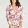 3/4 Sleeve Shirred Shoulder Pink Floral Button Detail Tunic -Mod Vanta Sales Store 900289763 alt3