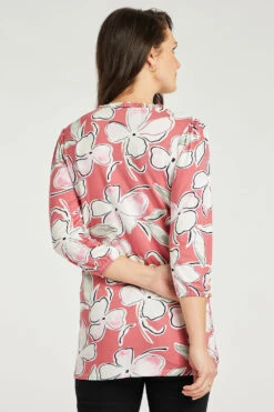 3/4 Sleeve Shirred Shoulder Pink Floral Button Detail Tunic -Mod Vanta Sales Store 900289763 alt5