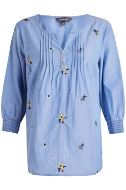 3/4 Sleeve Pintuck Embroidered Denim Shirt -Mod Vanta Sales Store 900291626 default