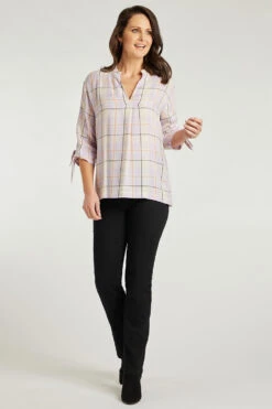 3/4 Sleeve V Neck Inverted Pleat Check Shirt -Mod Vanta Sales Store 900291962 alt1