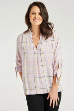 3/4 Sleeve V Neck Inverted Pleat Check Shirt -Mod Vanta Sales Store 900291962 alt3