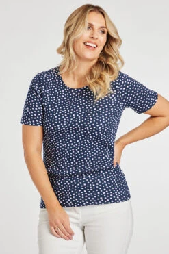 Navy Short Sleeve Square Dot Print Scoop Neck Top