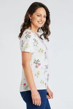 Ivory Short Sleeve Wild Flower Print Notch Neck Top -Mod Vanta Sales Store 900294544 alt3