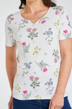 Ivory Short Sleeve Wild Flower Print Notch Neck Top -Mod Vanta Sales Store 900294544 alt5