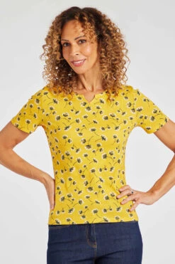 Short Sleeve Dandelion Print Notch Neck Top