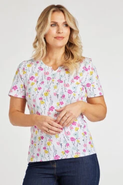 Short Sleeve Multi Ditsy Print Notch Neck Top