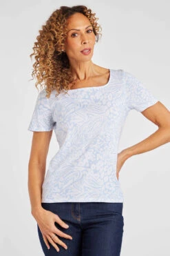 Short Sleeve Mono Animal Print Square Neck Top