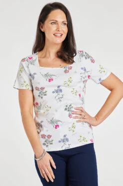 Short Sleeve Wild Flower Print Square Neck Top