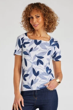 Short Sleeve Dot And Leaf Print Square Neck Top