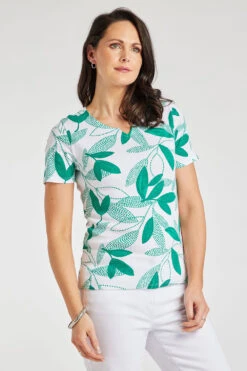 Short Sleeve Green Dotted Leaf Print Notch Neck Top