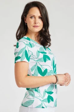 Short Sleeve Green Dotted Leaf Print Notch Neck Top -Mod Vanta Sales Store 900296544 alt3