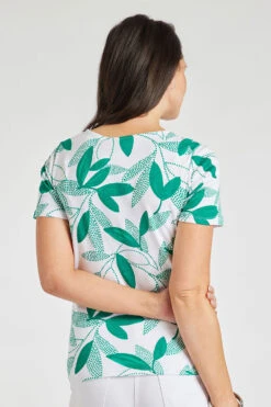 Short Sleeve Green Dotted Leaf Print Notch Neck Top -Mod Vanta Sales Store 900296544 alt4