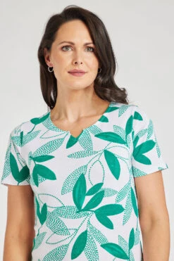 Short Sleeve Green Dotted Leaf Print Notch Neck Top -Mod Vanta Sales Store 900296544 alt5