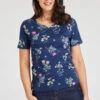 Short Sleeve Wild Flower Print Notch Neck Top