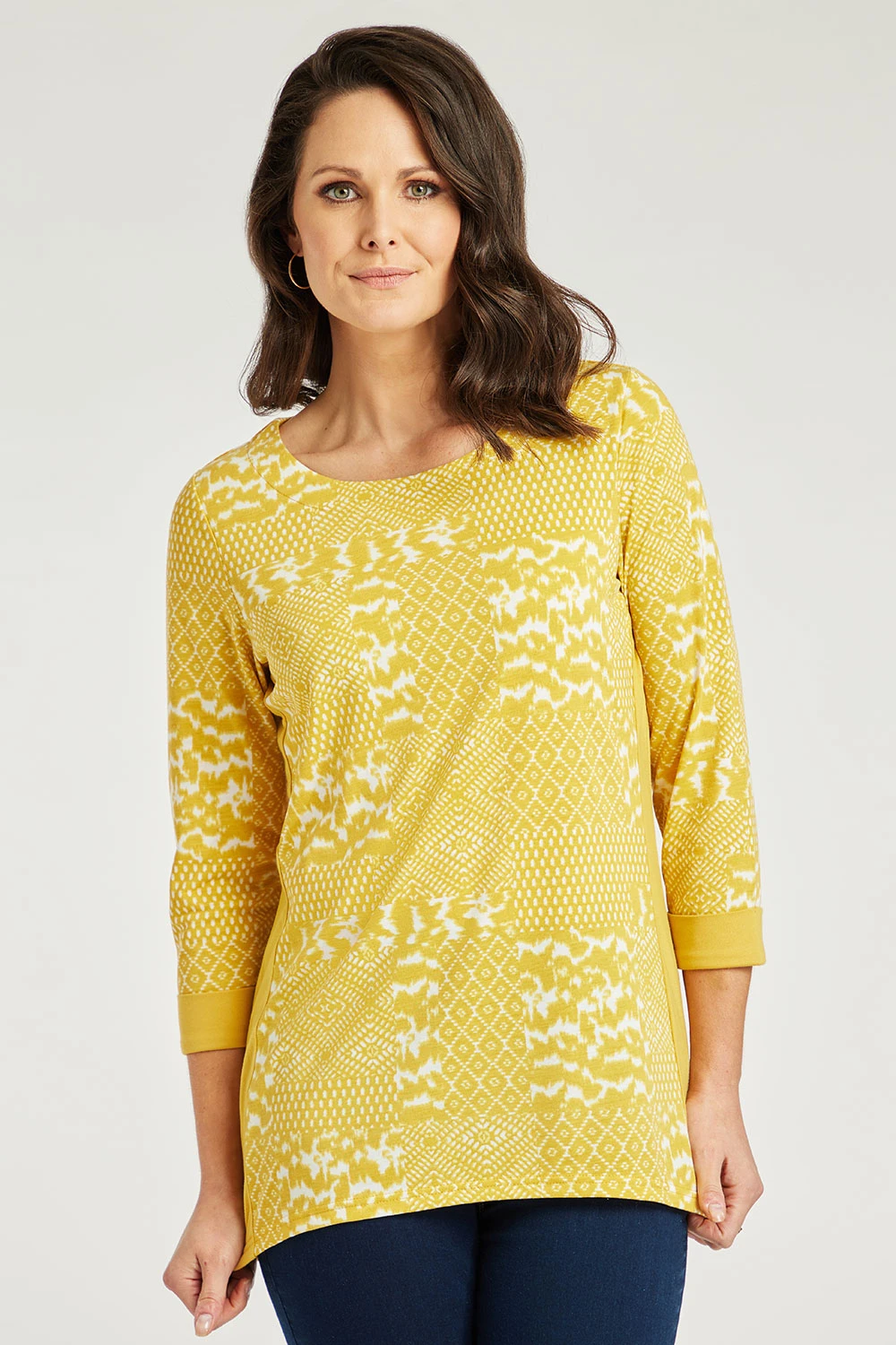 3/4 Sleeve Tonal Patchwork Panel Design Top 3 3/4 Sleeve Tonal Patchwork Panel Design Top