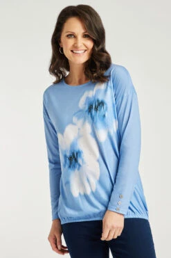 Long Sleeve Watercolour Floral Print Top With Stud Detail