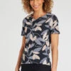 Short Sleeve Dotty Leaf Print Top With Notch Neckline