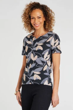 Short Sleeve Dotty Leaf Print Top With Notch Neckline