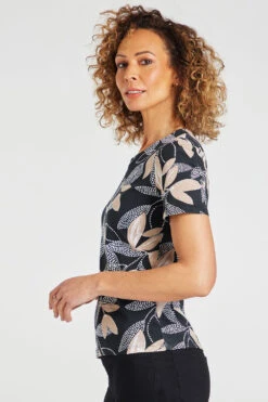 Short Sleeve Dotty Leaf Print Top With Notch Neckline -Mod Vanta Sales Store 900297907 alt3