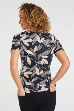 Short Sleeve Dotty Leaf Print Top With Notch Neckline -Mod Vanta Sales Store 900297907 alt4