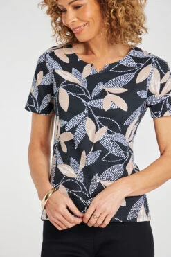 Short Sleeve Dotty Leaf Print Top With Notch Neckline -Mod Vanta Sales Store 900297907 alt5
