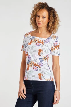 Short Sleeve Floral And Leopard Design Top
