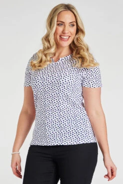 Short Sleeve Square Dot Print Notch Neck Top